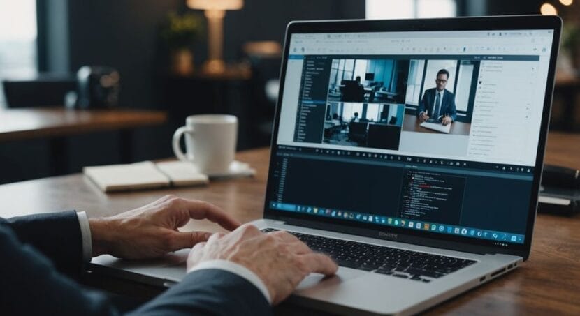 Lawyer working remotely with legal software on laptop