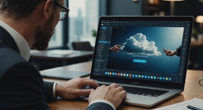 Lawyer using cloud-based legal solutions on laptop