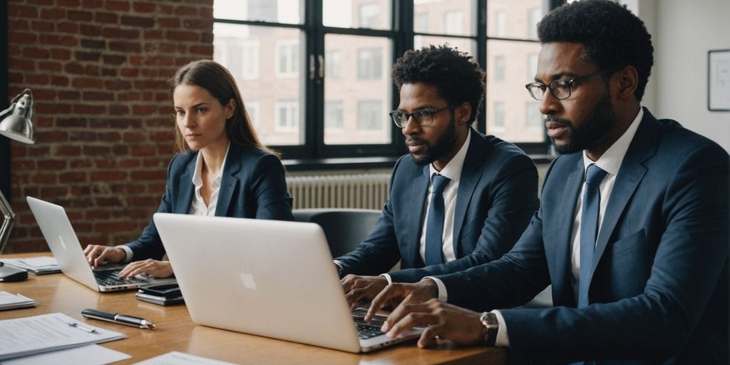 Lawyers collaborating in a small office