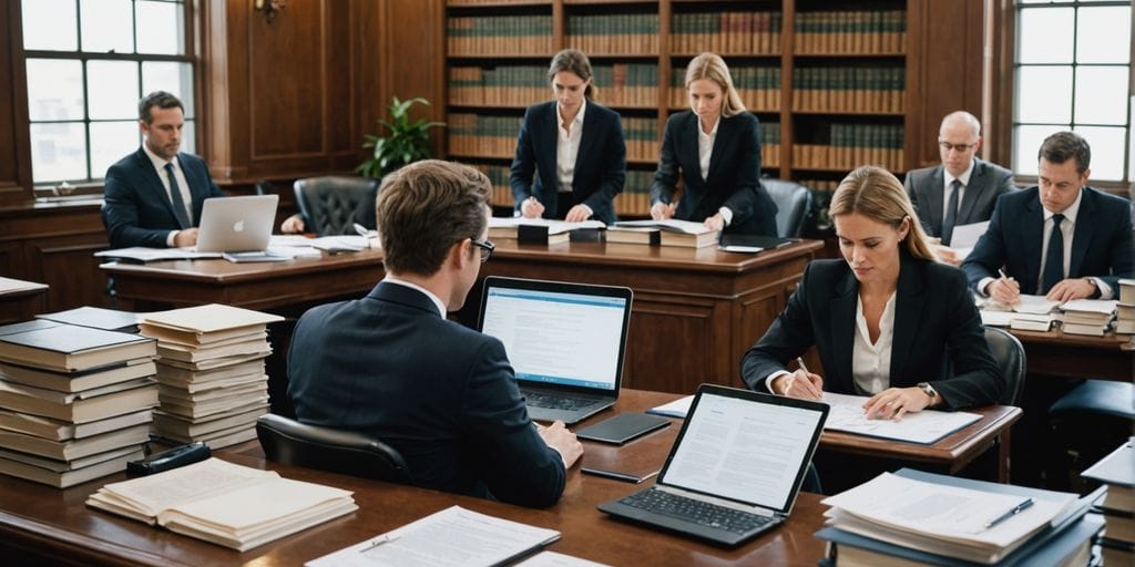 Lawyers collaborating with technology in a busy office.