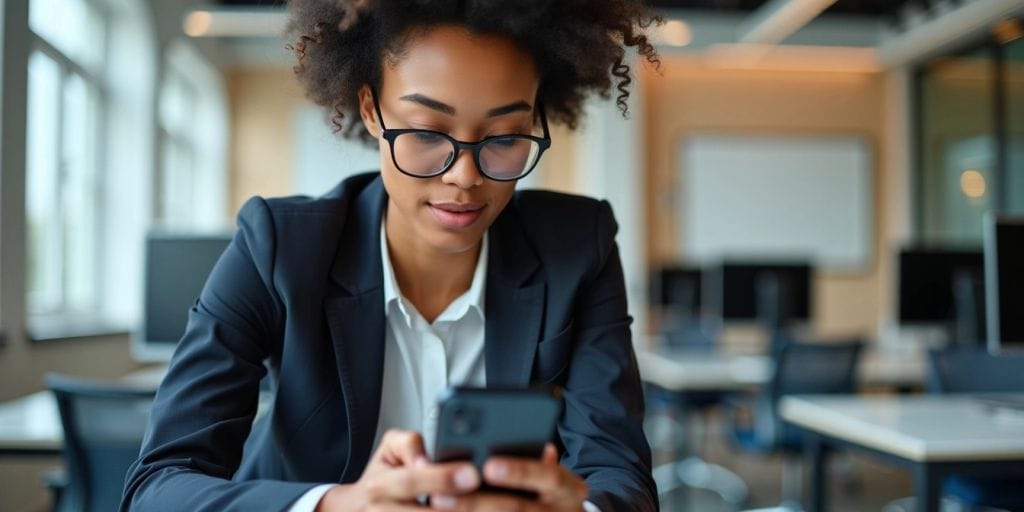 Professional checking smartphone in modern office