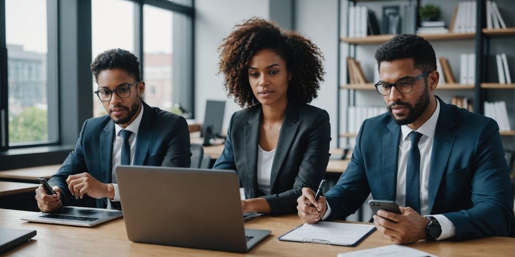 Lawyers collaborating with technology in a modern office.