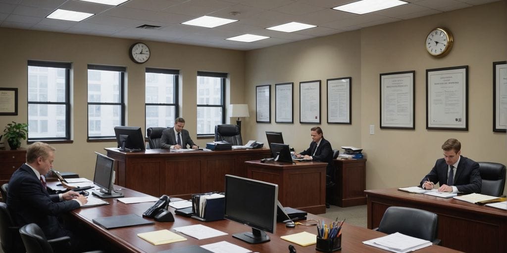 Lawyers working, phone reminder, clock on wall