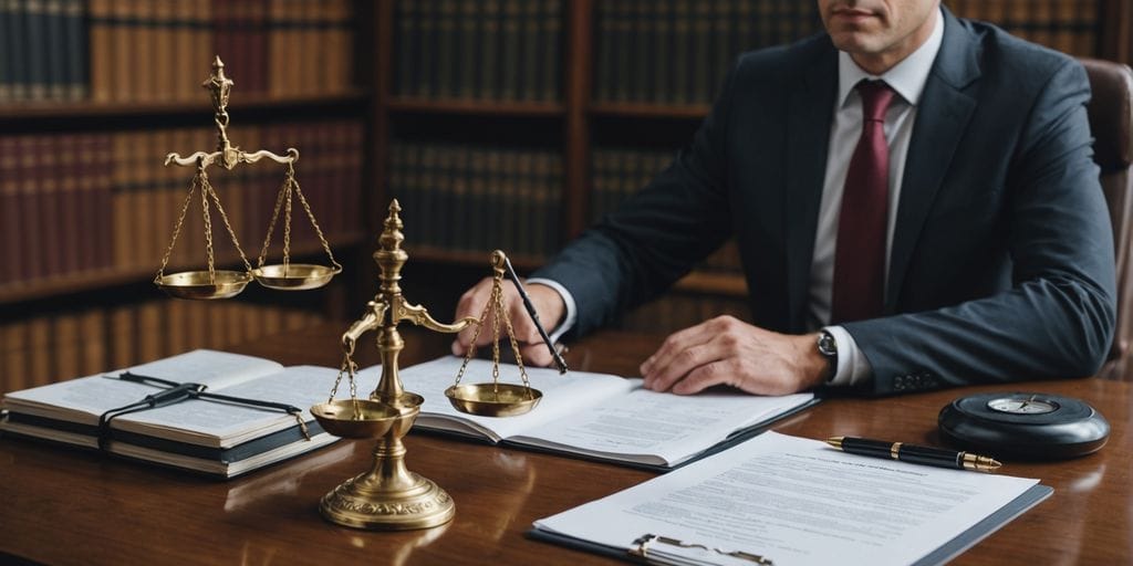 Lawyer using laptop with legal documents and scales