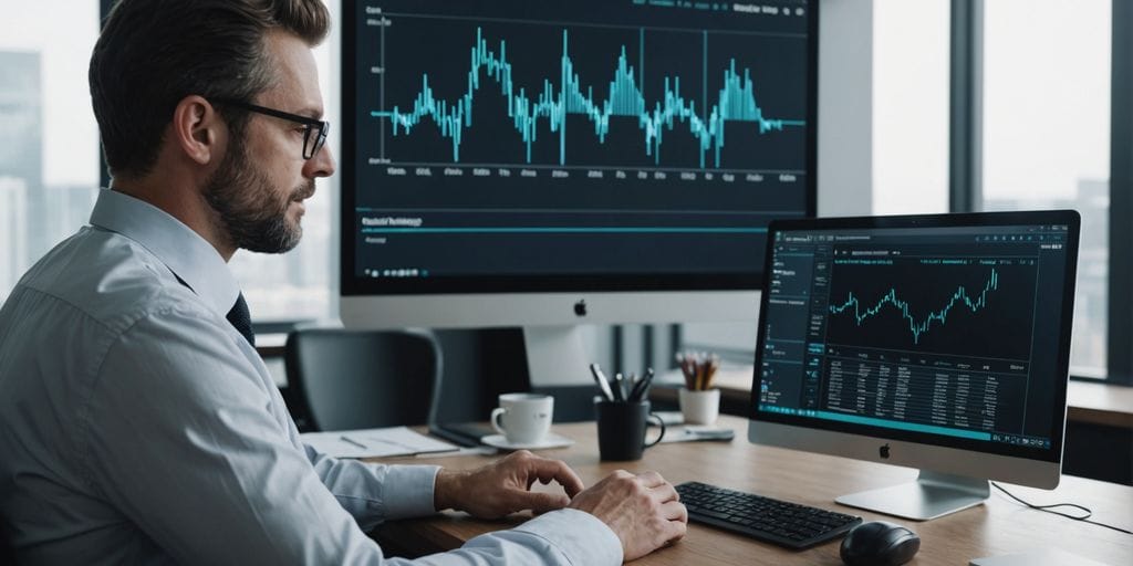 Lawyer using computer with AI waveform overlay