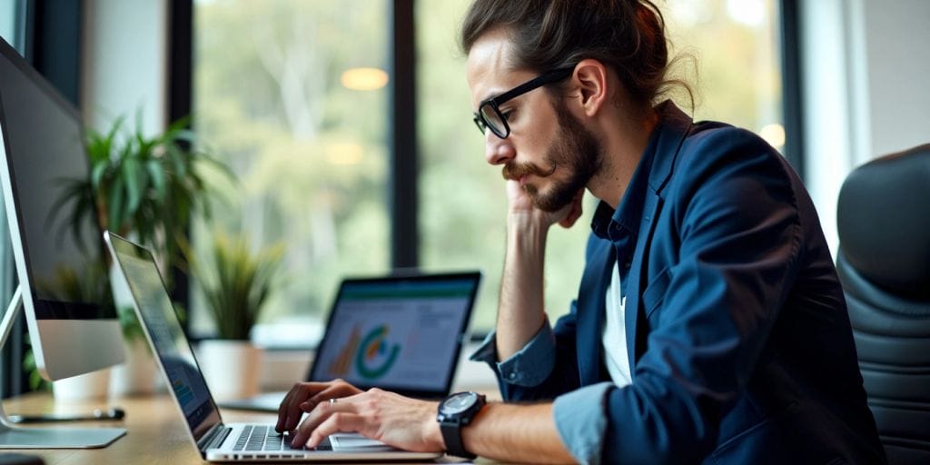 Professional using SpineLegal Software on laptop in modern office, enhancing legal practice efficiency and productivity.