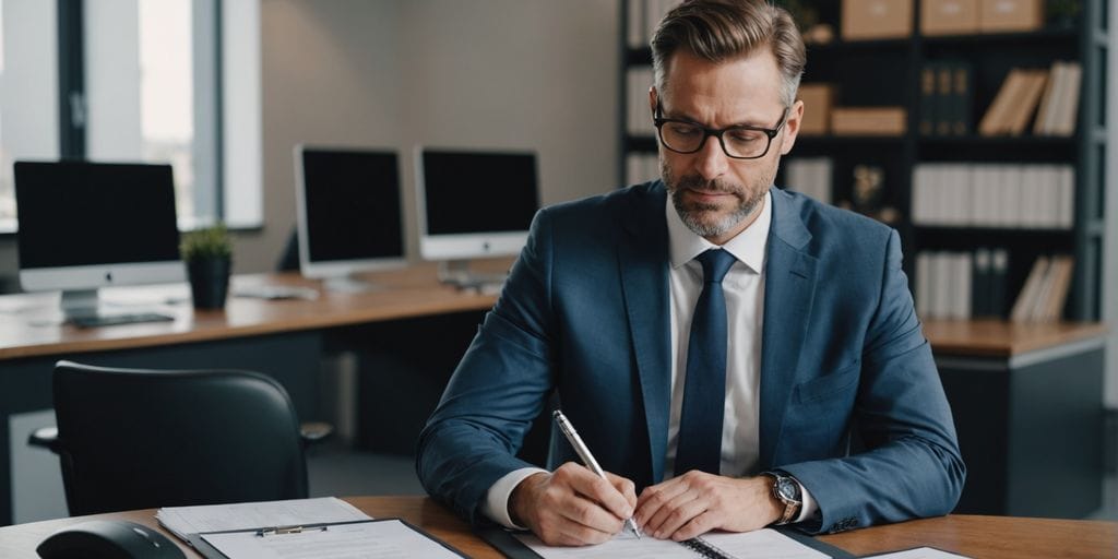 Lawyer using tablet in modern office