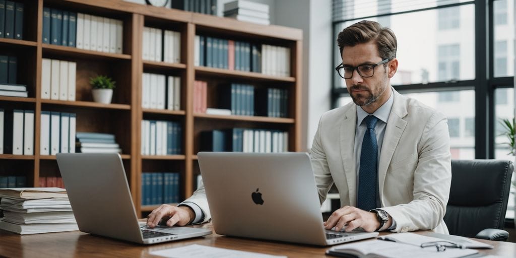 Lawyer working on laptop in modern office