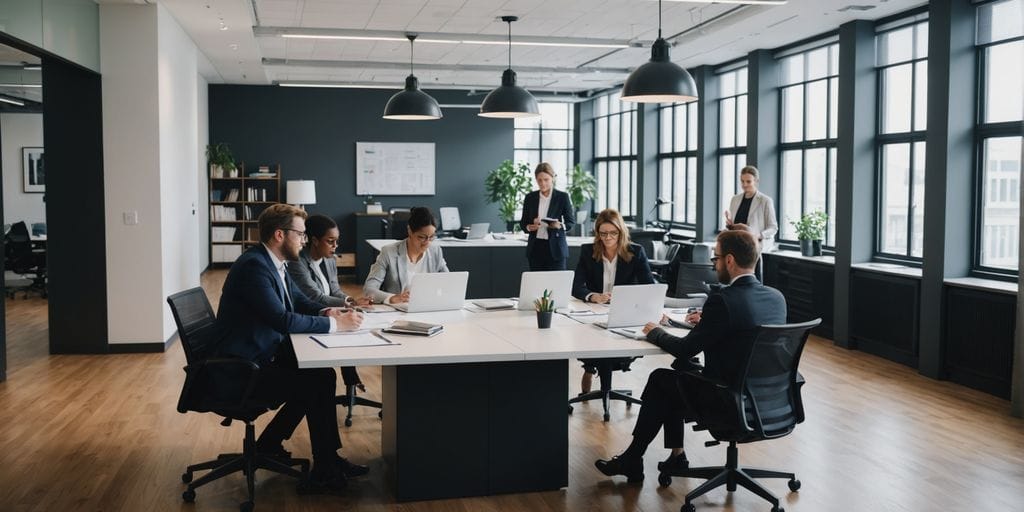 Legal team collaborating in modern office