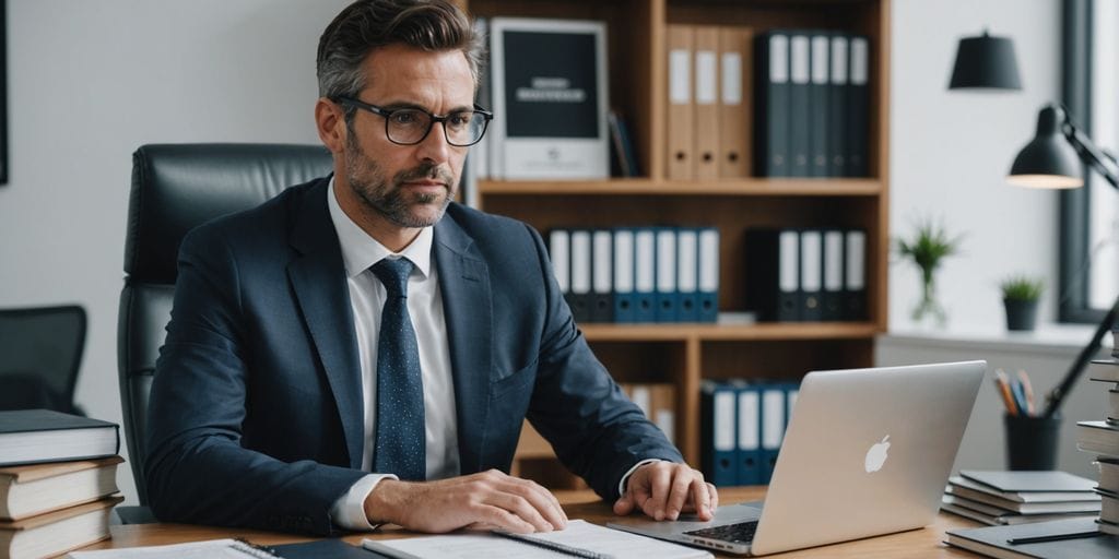 Lawyer working at desk with laptop and legal books.