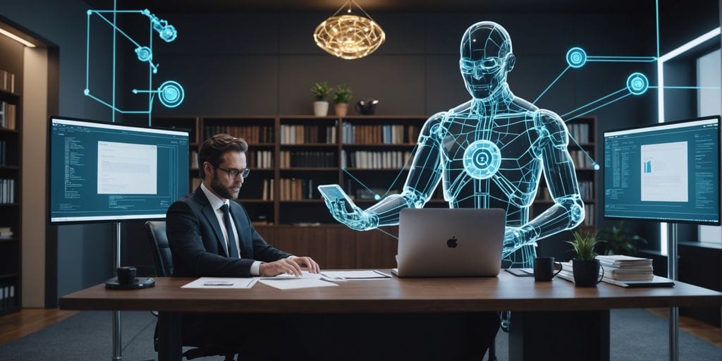 Lawyer with AI holograms in modern office