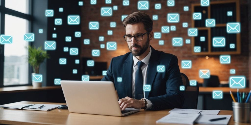 Lawyer typing on laptop with email icons floating.