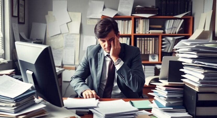 Stressed lawyer in a cluttered office with paperwork.