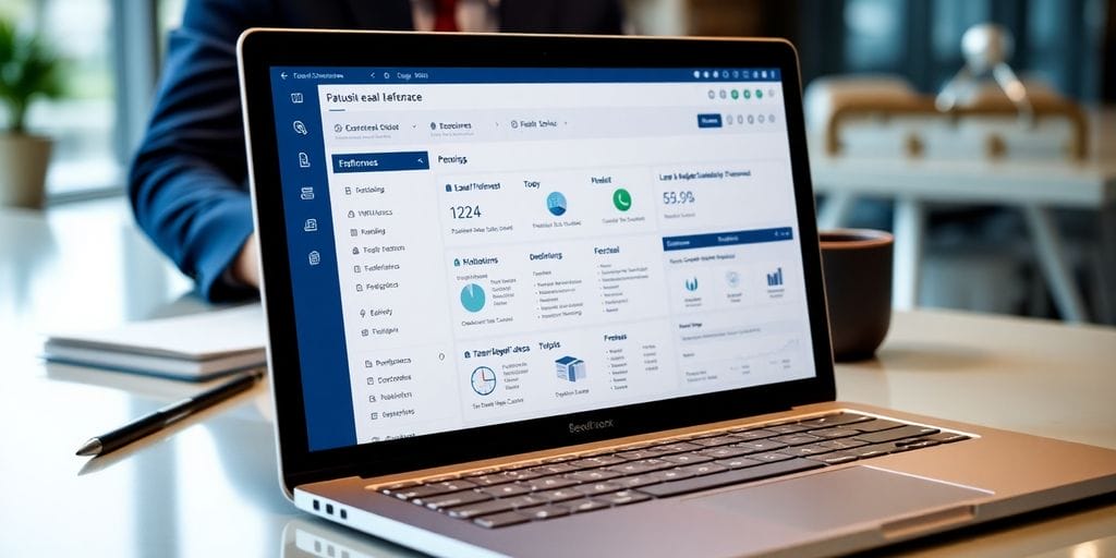Modern legal software interface on a laptop in office.