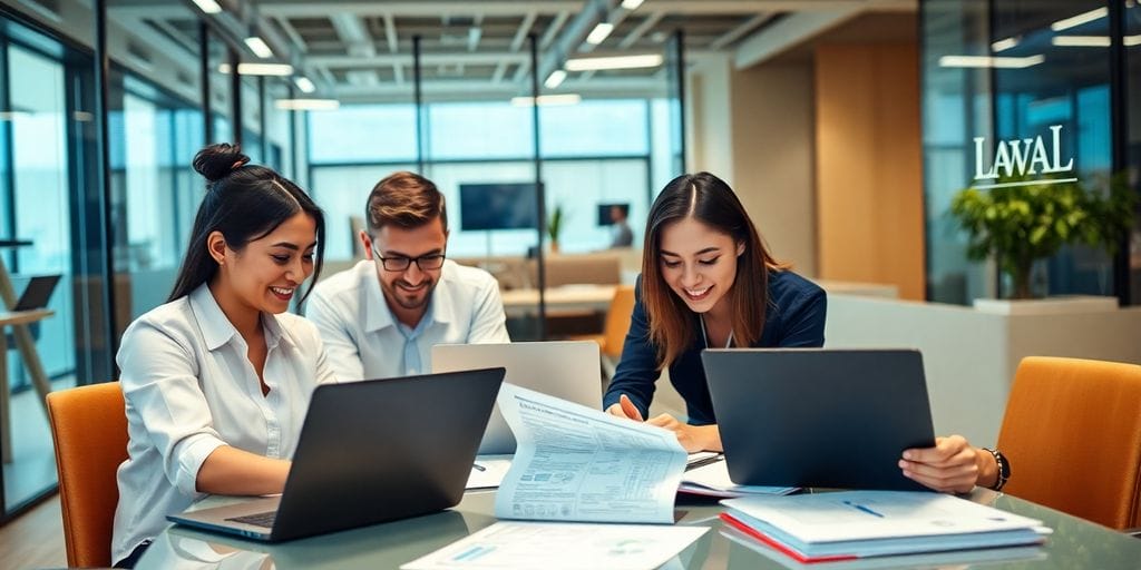 Professionals collaborating in a modern legal office setting. legal-software-demo