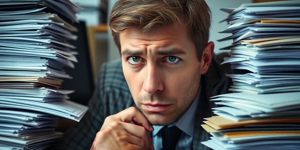 Frustrated accountant with paperwork and computer.