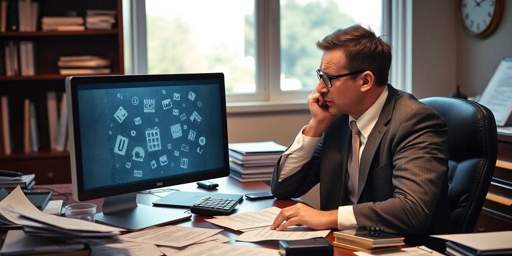 Frustrated lawyer in office with frozen computer screen.