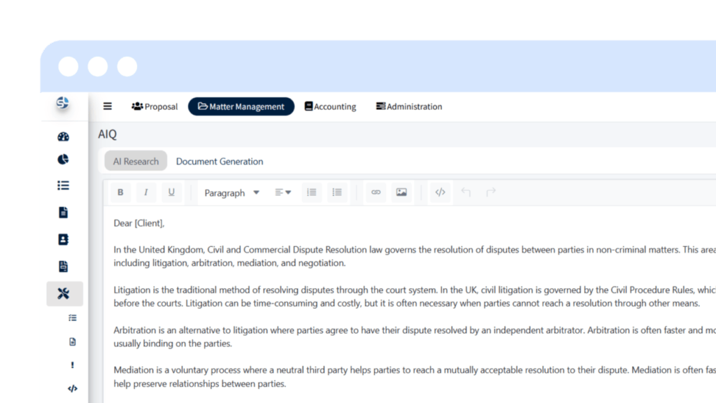 Screenshot of SpineLegal Software's document generation feature for legal dispute resolution in the UK.