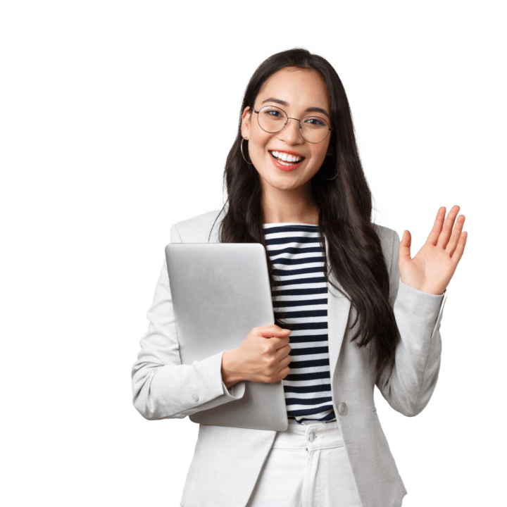 Smiling professional with laptop, representing SpineLegal Software's efficient legal solutions.