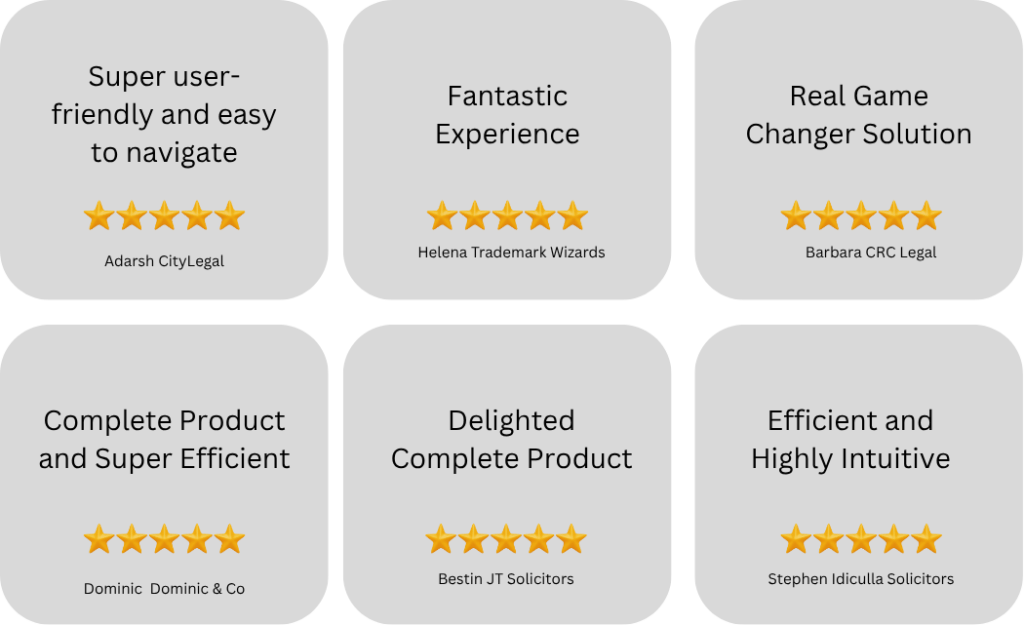 Customer reviews praising SpineLegal Software's user-friendly, efficient, and intuitive solutions with 5-star ratings.