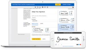 SpineLegal Software interface showcasing digital signature adoption on laptop and mobile for seamless document management.
