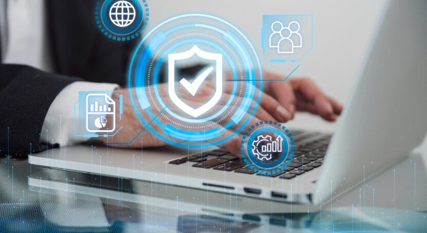 Lawyer working on encrypted legal software with security shield icon representing GDPR compliance.