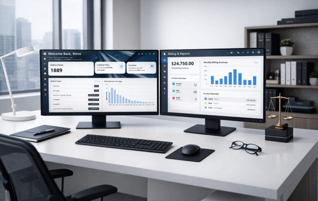 Dual monitors displaying SpineLegal Software dashboard for legal case management and billing in modern office.