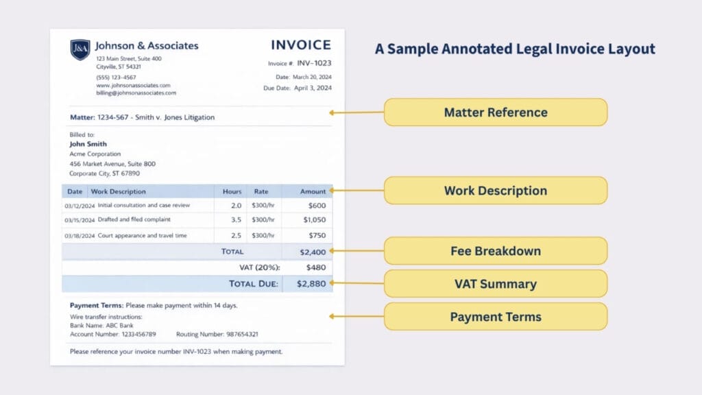 Annotated legal invoice layout from SpineLegal Software, highlighting matter reference, work details, fees, VAT, and terms.