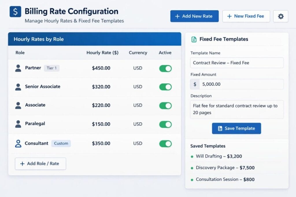 SpineLegal Software interface for managing billing rates and fixed fee templates by role, featuring detailed rates and settings.
