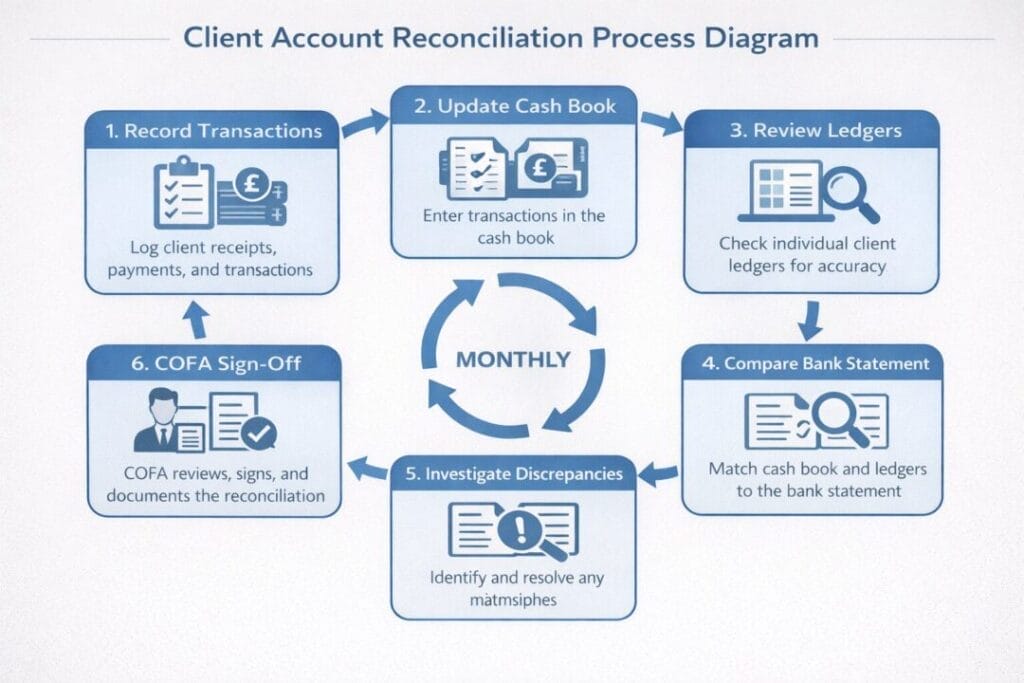 Diagram of SpineLegal's client account reconciliation process for efficient financial management.