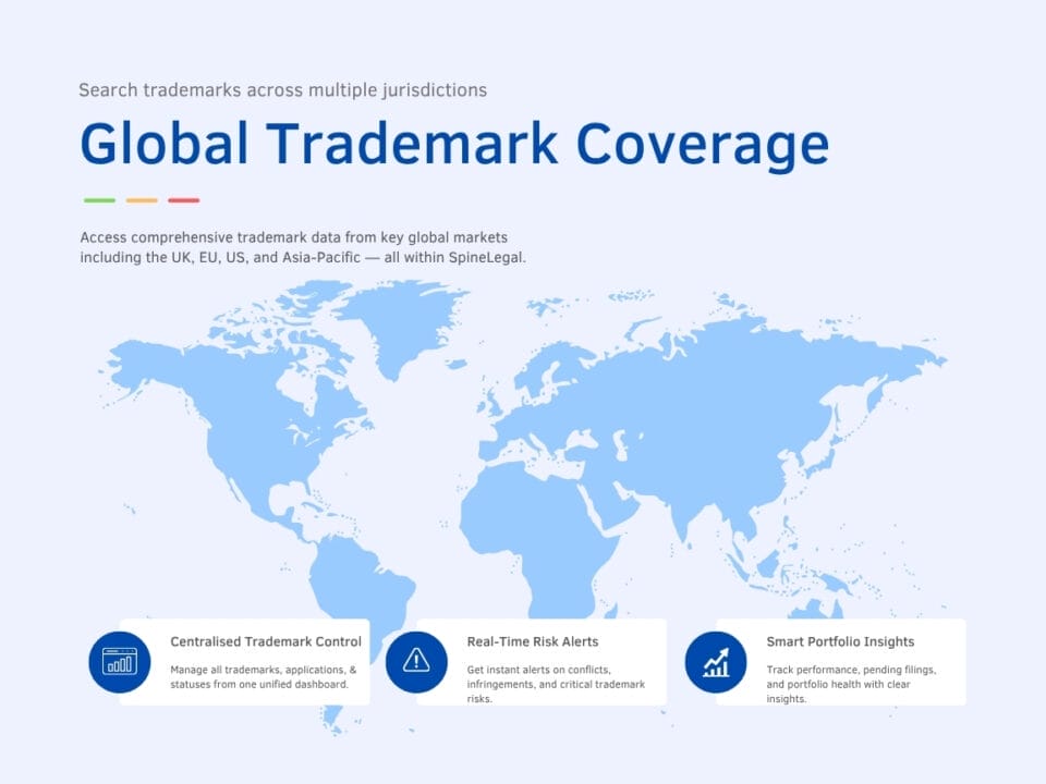 Global Trademark Coverage by SpineLegal: Access data, centralize control, receive risk alerts, and gain smart insights.