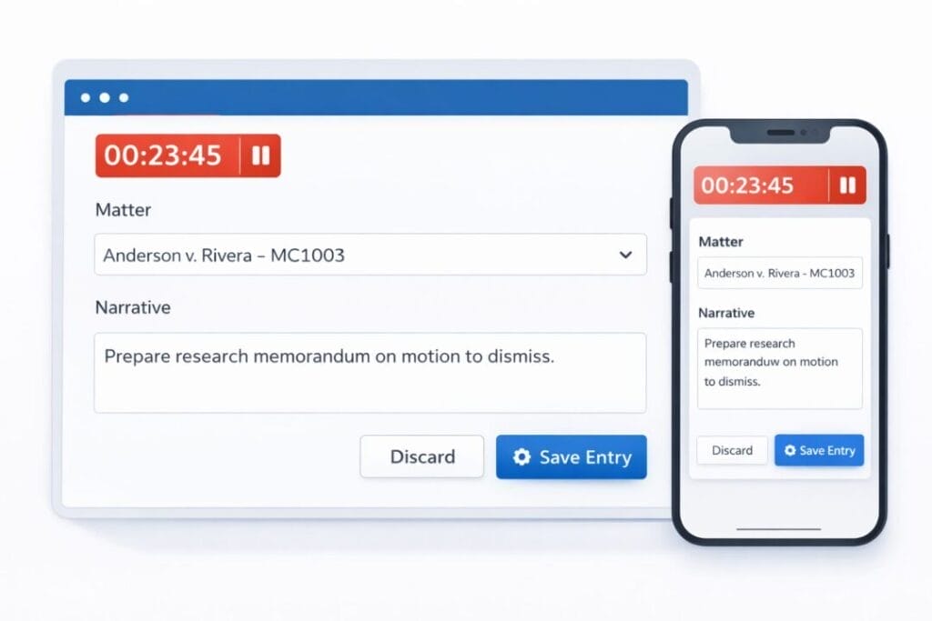 SpineLegal Software dashboard and mobile app showing time tracking and legal matter management for Anderson v. Rivera.