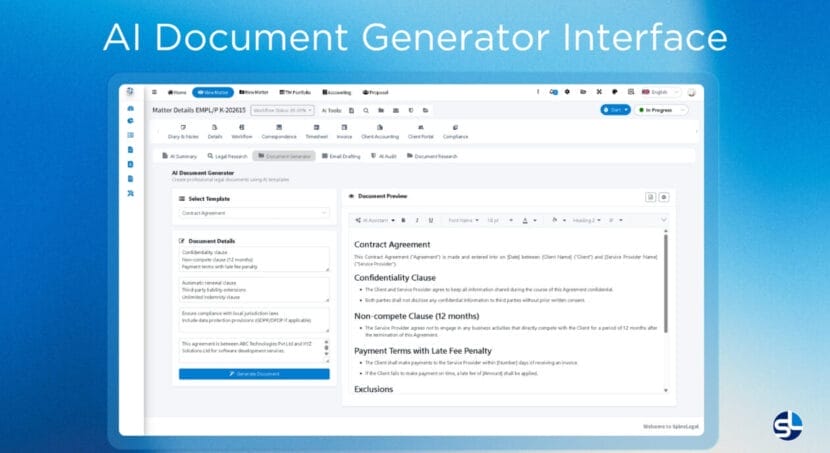 AI-powered document generator interface by SpineLegal Software for efficient legal document creation.