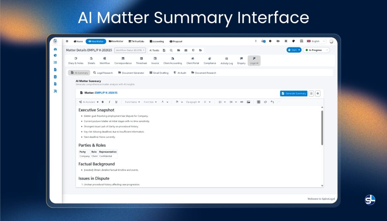 SpineLegal Software AI interface displaying an AI Matter Summary for efficient legal case management.