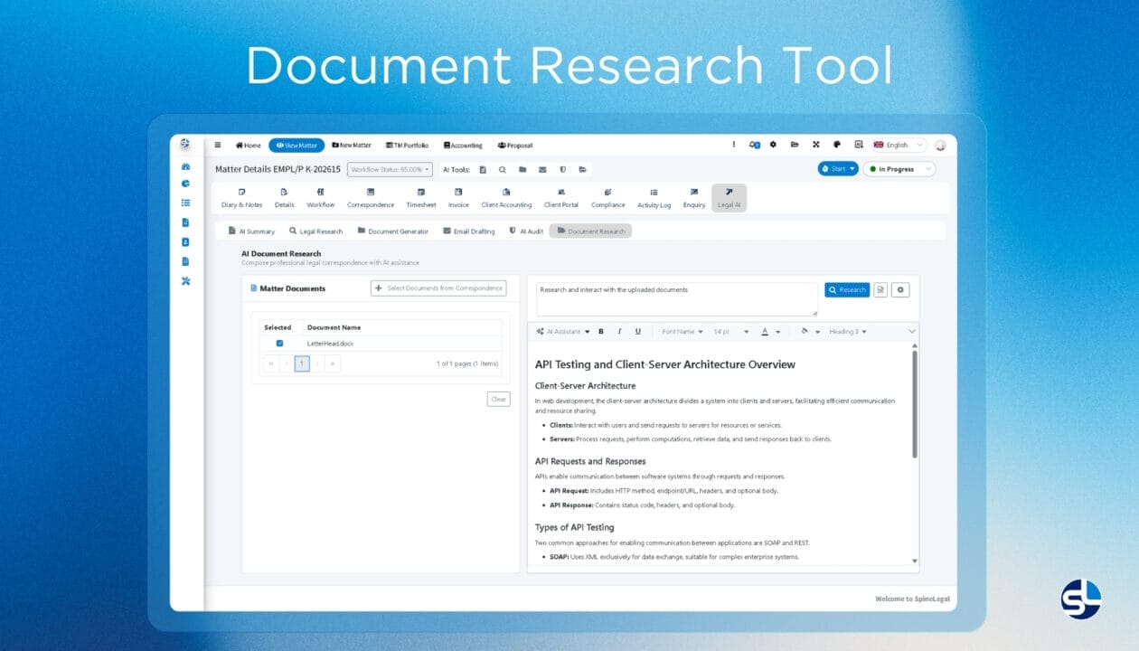 Screenshot of SpineLegal Software's AI Document Research tool interface for efficient legal document management.